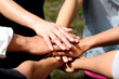 © Photo Sesaon - seven hand up of people working assemble corporate meeting show symbol Join forces teamwork quality and effective personnel Concept organizational development in teamwork and business