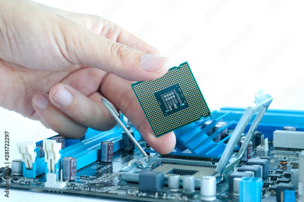 Hand of computer engineering brings computer cpu processor memory ...
