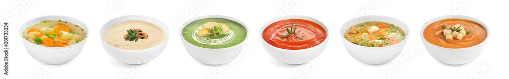 Set of different fresh homemade soups on white background. Banner design - obrazy, fototapety, plakaty 