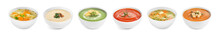 Set Of Different Fresh Homemade Soups On White Background. Banner Design