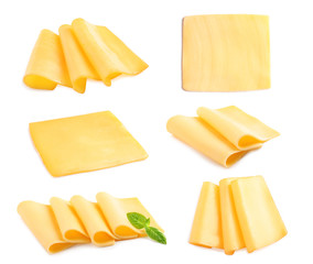 Set of delicious cheese on white background