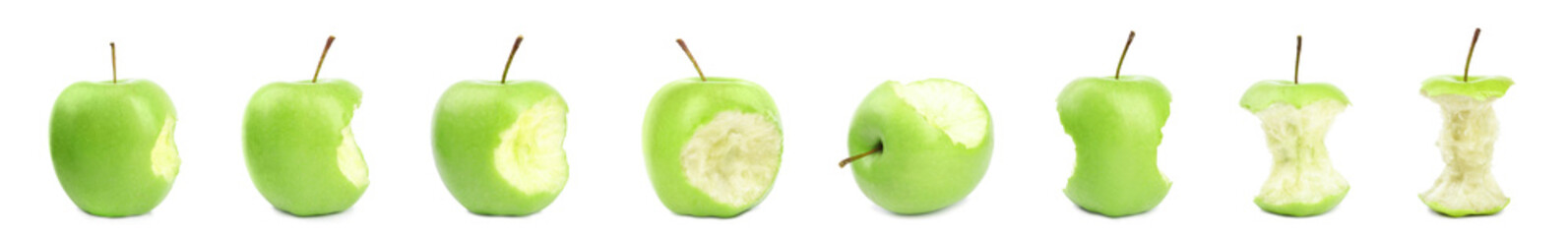 Set of juicy fresh green apples on white background. Banner design