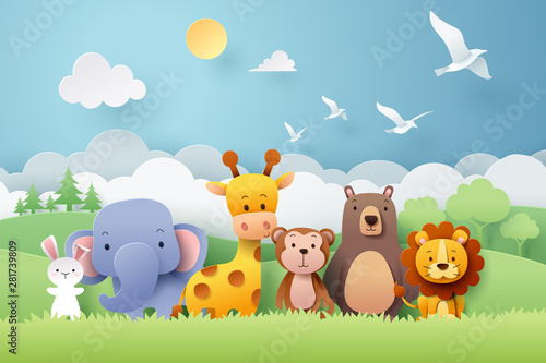 Paper craft of zoo animals and forest Wallpaper Mural