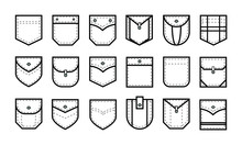 Patch Pocket. Uniform Clothes Pockets Patches With Seam, Patched Denim Pocket Line. Casual Style Pocketful Dress Clothes, Shirt Arms Pocket Icons. Isolated Icon Vector Set