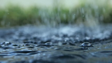 Wall Mural - close up rain water drop falling to the water surface in rainy season