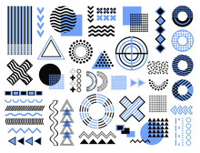 Memphis Design Elements. Retro Funky Graphic, 90s Trends Designs And Vintage Geometric Print Illustration Element. Constructivism Memphis Vector Isolated Symbols Collection. Circles, Lines, Triangles