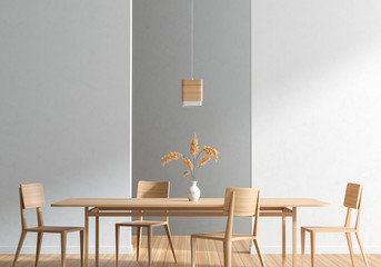 Spacious modern dining room with wooden chairs and table.  Minimalist dining room design. 3D illustration.