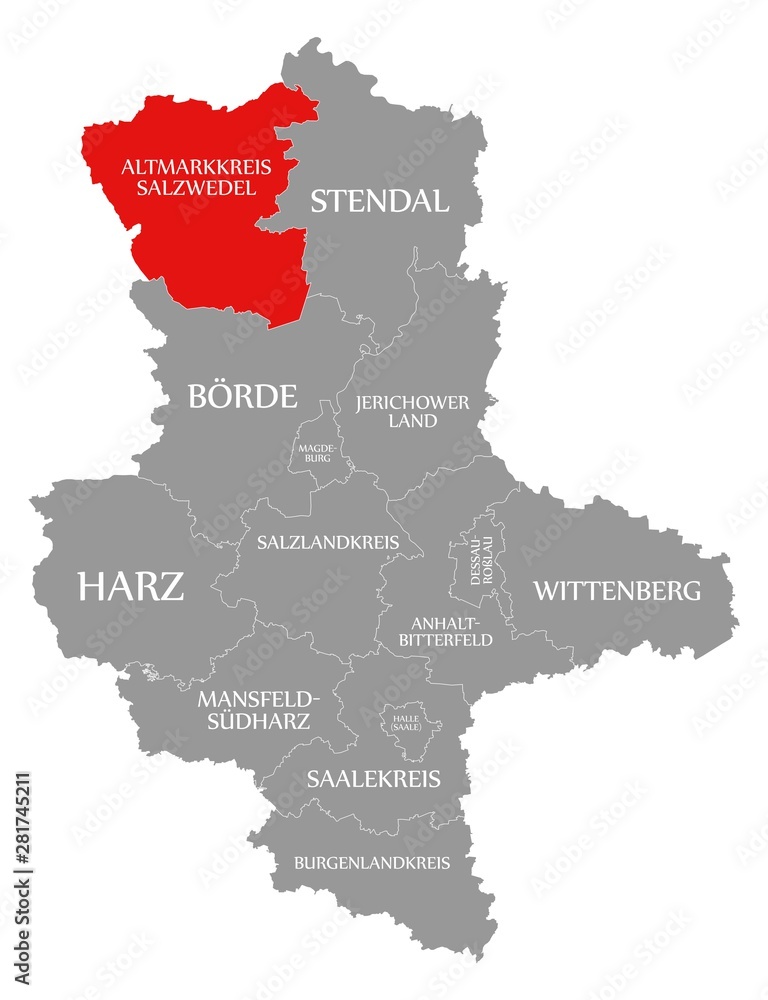 Altmarkkreis Salzwedel red highlighted in map of Saxony Anhalt Germany ...