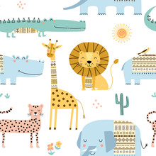 Seamless Childish Pattern With Cute African Animals. Scandinavian Style Kids Texture For Fabric, Wrapping, Textile. Vector Illustration.