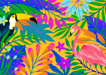 Wall Mural - universal vector illustration with tropical leaves,flamingo and toucan.multicolor plants with hand d