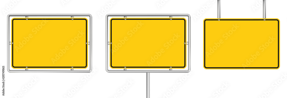 set of 3 blank yellow road sign isolated on white - obrazy, fototapety, plakaty 