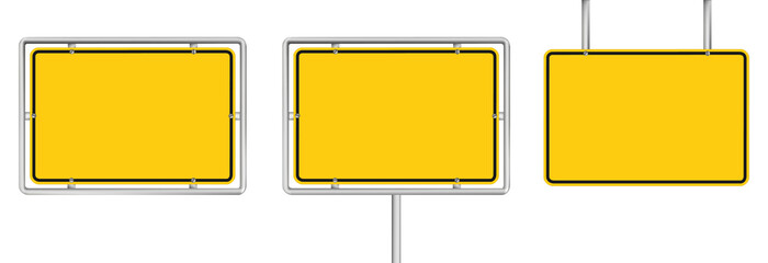 set of 3 blank yellow road sign isolated on white