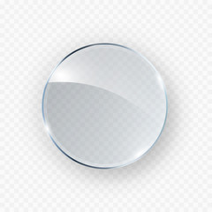 Glass, acrylic or plastic circle badge isolated on transparent background. Reflection 3d button, glare mirror. Vector glossy round icon.