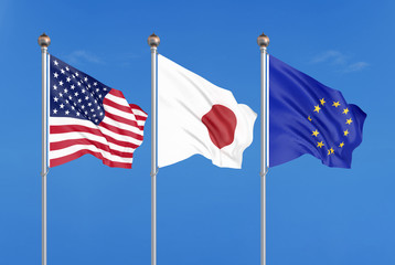 Wall Mural - Three colored silky flags in the wind: USA (United States of America), EU (European Union) and Japan. 3D illustration.