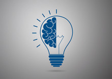 Logo With Half Light Bulb And Brain Isolated On Gray Background. Symbol Of Creativity, Concept Of Idea, Mind, Thinking.