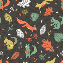 Fun Seamless Pattern With Creative Squirrels And Leaves - Happy Fall Autumn Background - Great For Seasonal Fashion Prints, Wallpapers, Invitations, Banners - Vector Surface Design
