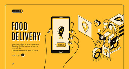 Food delivery service isometric landing page. Mobile city bike transportation, Online shipping application, hand hold smartphone with gps mark on screen, 3d vector illustration, line art, web banner