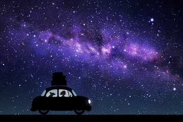Sticker - Cartoon retro car on road at night. Vector illustration with silhouettes of woman and dog traveling in camper. Family road trip. Space dark background with starry sky and Milky Way
