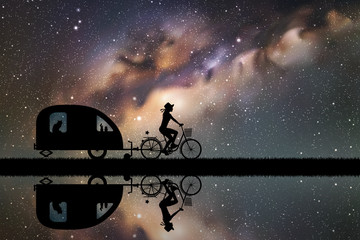 Sticker - Girl on bicycle on road at night. Vector illustration with silhouettes of cyclist and pet traveling with camper trailer. Family road trip. Space dark background with starry sky and Milky Way