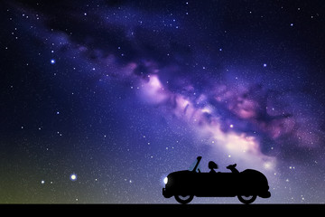 Poster - cartoon retro car on road at night. vector illustration with silhouettes of woman and dog traveling 