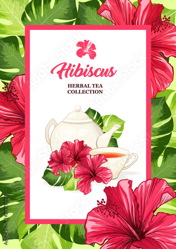 Tea Flyer or Banner with Hawaiian Hibiscus Red Fragrance Flower. Bright Green...