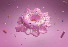 Fun Pink Donut  In Motion With Colorful Sprinkles Falling And Dancing In The Pink Background. Creative 3d Illustration