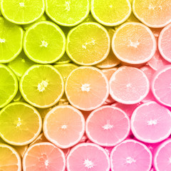Wall Mural - creative pattern. fresh sliced orange fruit texture, neon colors. macro, top view with copy space. f