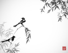 Bamboo Trees And Two Magpies Birds. Traditional Oriental Ink Painting Sumi-e, U-sin, Go-hua. Hieroglyph - Double Luck.