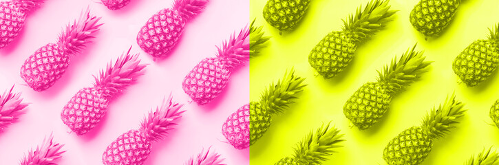 Wall Mural - fresh pineapples on trendy neon pink and yellow color background. top view. pop art design, creative