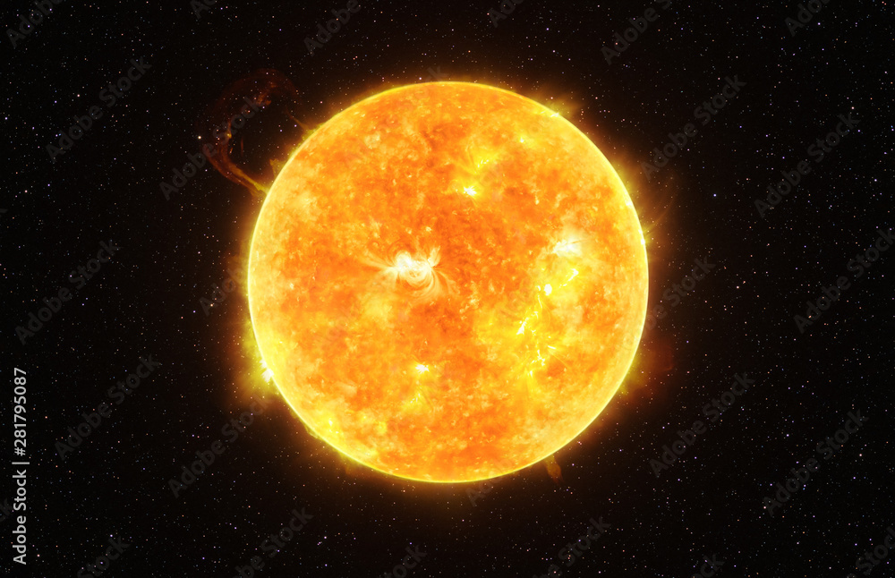 Bright Sun against dark starry sky in Solar System, elements of this image furnished by NASA - obrazy, fototapety, plakaty 