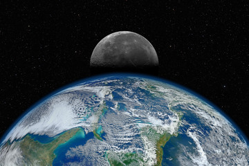 Wall Mural - planet earth and moon against dark starry sky background, elements of this image furnished by nasa