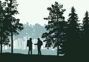 Wall Mural - realistic illustration of landscape with coniferous forest, two tourist, man and woman, under green 