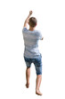 Rear view full length portrait of active young man pulling something imaginary or hanging hold with hand isolated over white background.
