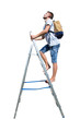 © psychoshadow - Side view full length portrait of a casual young man traveler climbing a ladder carrying a backpack looking up isolated over white background.
