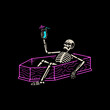 RESTING SKELETON WITH COCKTAIL IN A COFFIN COLOR BLACK BACKGROUND
