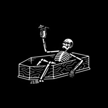 RESTING SKELETON WITH COCKTAIL IN A COFFIN WHITE BLACK BACKGROUND