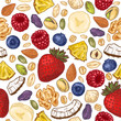 © Maria - Granola colored seamless pattern. Engraved style illustration. Various berries, fruits and nuts. Vector illustration