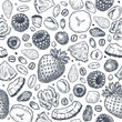 © Maria - Granola seamless pattern. Engraved style illustration. Various berries, fruits and nuts. Vector illustration