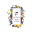 © Maria - Granola packaging design template. Engraved style illustration. Various berries, fruits and nuts. Vector illustration