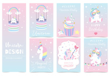 Collection Of Kid Invitation Set With Unicorn,rainbow,cake,cloud,star,heart.Vector Illustration For Baby Shower,birthday Invitation,postcard And Sticker.Editable Element
