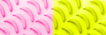 Chaotic Colorful Fruit Pattern. Bananas Over Neon Pink And Yellow Color Background. Banner. Top View. Pop Art Design, Creative Summer Concept. Minimal Flat Lay Style.