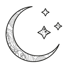 Wall Mural - crescent moon with stars with abstract patterns on isolation background. design for spiritual relaxa
