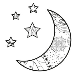 Wall Mural - Crescent moon with stars with abstract patterns on isolation background. Design for spiritual relaxation for adults. Black and white illustration for anti stress colouring page
