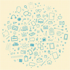 Wall Mural - Colorful abstract pattern with school supplies. Graphic paper background. Checkered texture. Back to school. Set of different signs. Hand drawn elements. Illustration for banners, flyers or posters