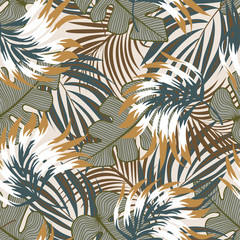  Original abstract seamless pattern with colorful tropical leaves and plants on beige background. Vector design. Jungle print. Floral background. Printing and textiles. Exotic tropics. Summer.