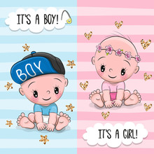 Greeting Card With Cute Babies Boy And Girl