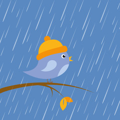 Wall Mural - cute little bird sitting on a branch at autumn rain vector illustration EPS10