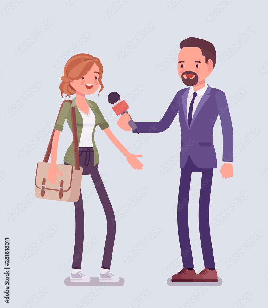 Interview Reporter Back Cartoon Male tv reporter interviewing questions. Man holding an interview with ...