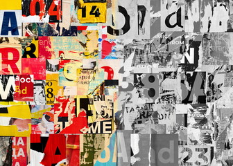 Collage of many numbers and letters ripped torn advertisement street posters grunge creased crumpled paper texture background placard backdrop surface