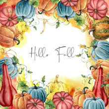 Watercolor Hello Fall Frame With Golden Gourds Composition. Hand Painted Card With Pumpkins And Leaves Isolated On White Background. Botanical Illustration For Autumn Festival, Print Or Background.